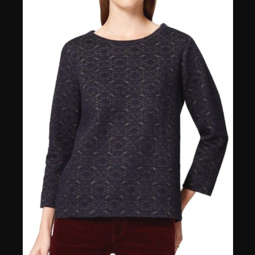 NWT LOFT | Navy Blue Gold Quilted Sweatshirt 3/4 Sleeve Top Blouse